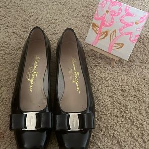 Varina bow-embellished quilted smooth and patent-leather ballet flat